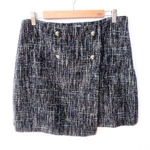 Ann Taylor LOFT Blue White Black Tweed Silver Button Flap Asymmetrical Skirt 12P